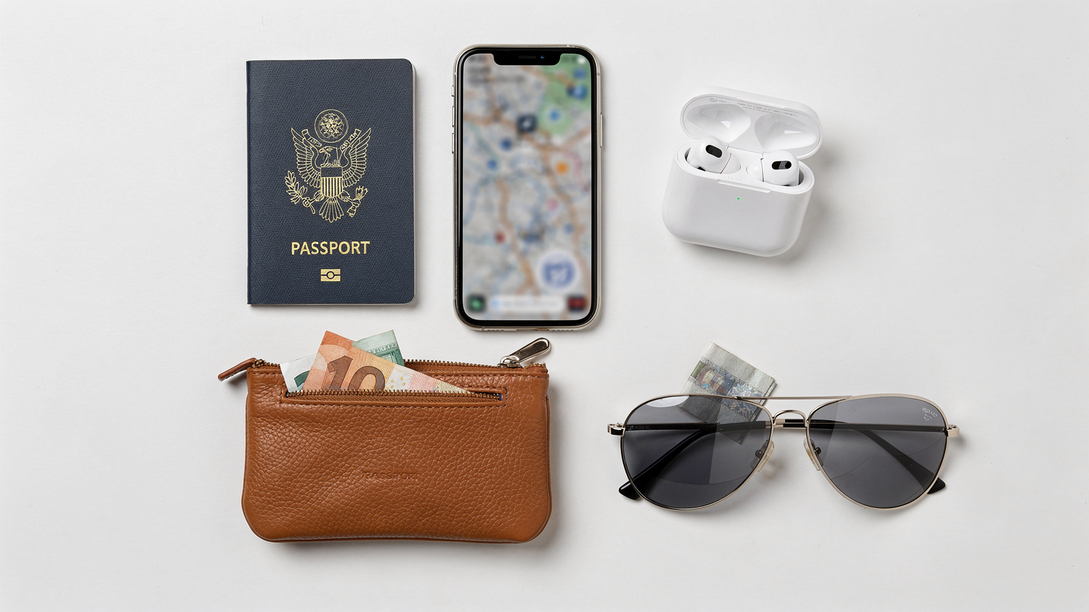 An overhead flat-lay of travel essentials: a passport, a smartphone displaying a map application (no readable text), wireless earbuds, a small currency pouch with euro notes, and a stylish pair of sunglasses, all against a minimalist white background.