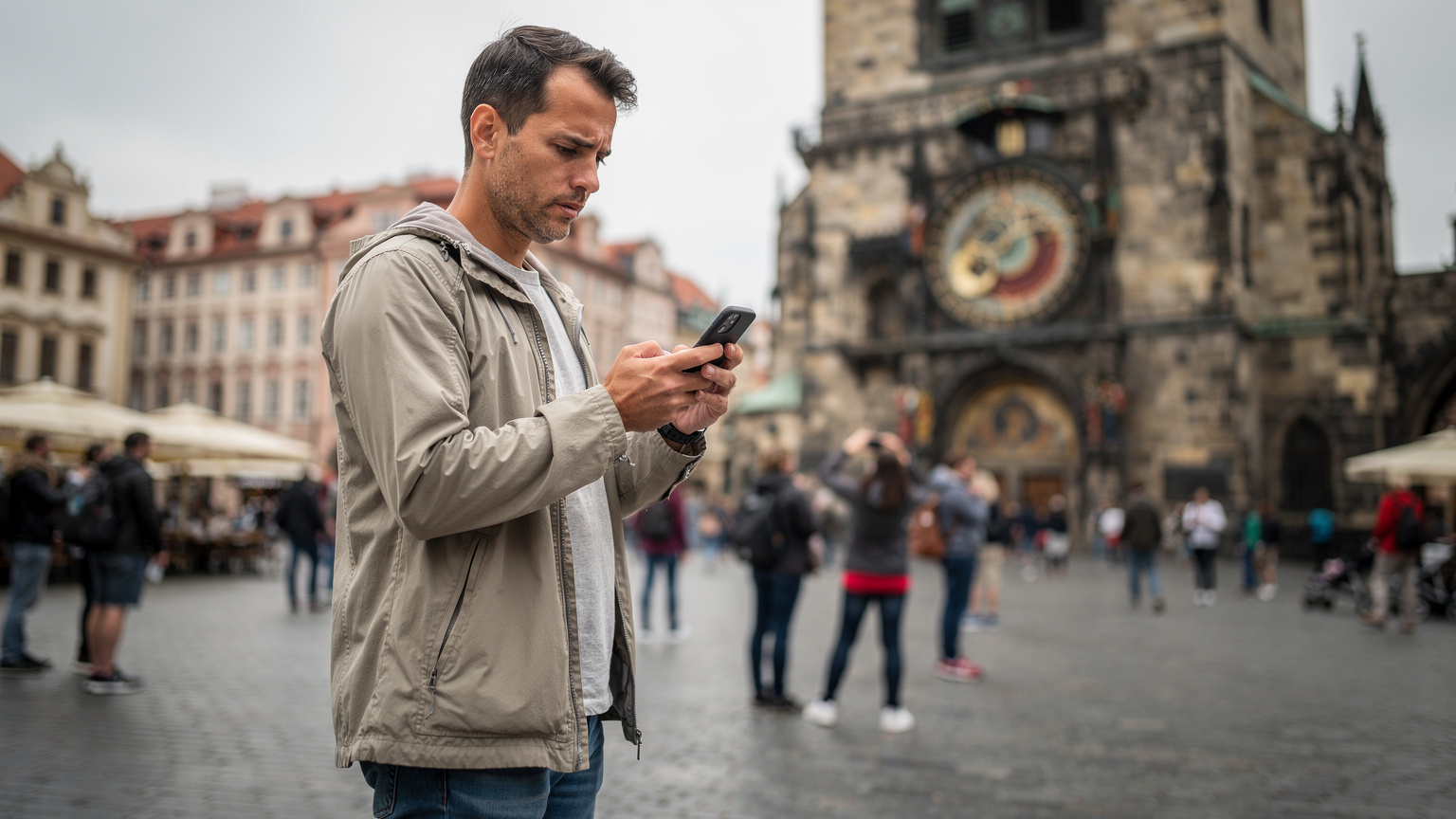 A traveler in the historic center of Prague attempting to load a detailed map on their smartphone, with a look of slight frustration at the slow progress.