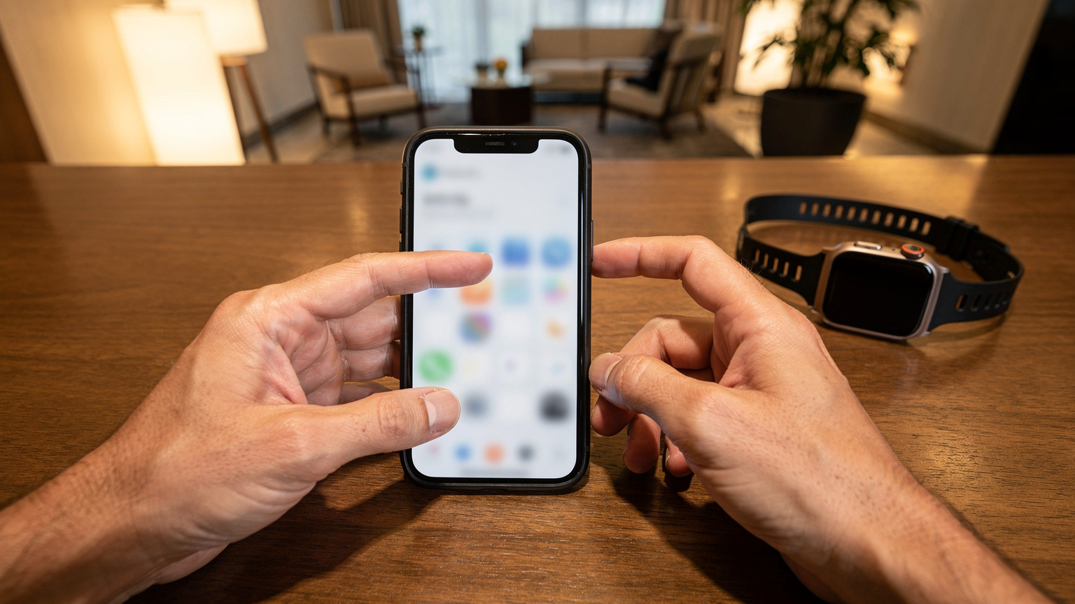 Eine Hand bedient eine eSIM-App auf einem Smartphone, während eine Apple Watch Ultra 3 auf einem Tisch in einer modernen Hotel-Lobby liegt.