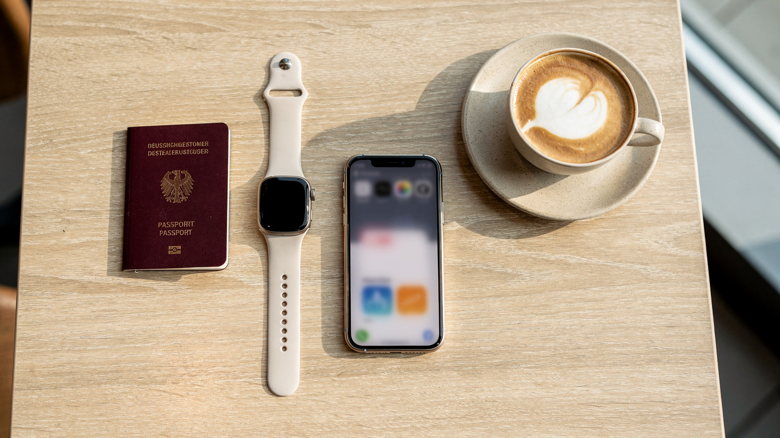 Ein Reisepass, eine Apple Watch Ultra 3, ein Smartphone mit einer geöffneten eSIM-App und eine Tasse Kaffee liegen auf einem Holztisch in einem Flughafen-Café, bereit für die Reise.