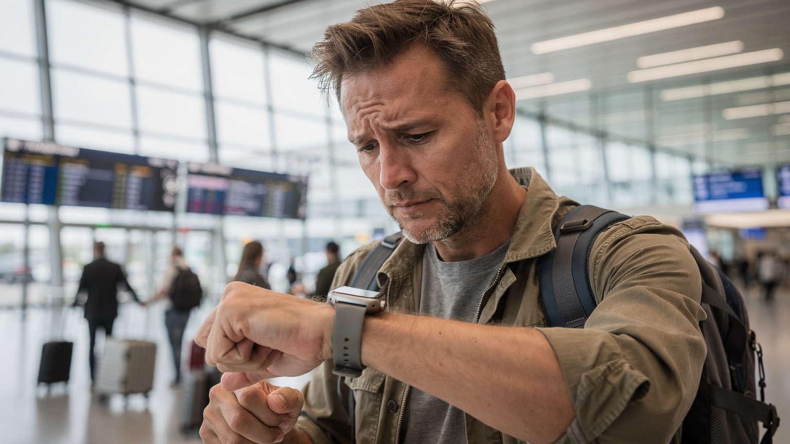 Ein Reisender mit besorgtem Gesichtsausdruck am Flughafen Berlin Brandenburg (BER), der auf das Display seiner Apple Watch Ultra 3 schaut, im Hintergrund ist ein Abflugbereich zu sehen.