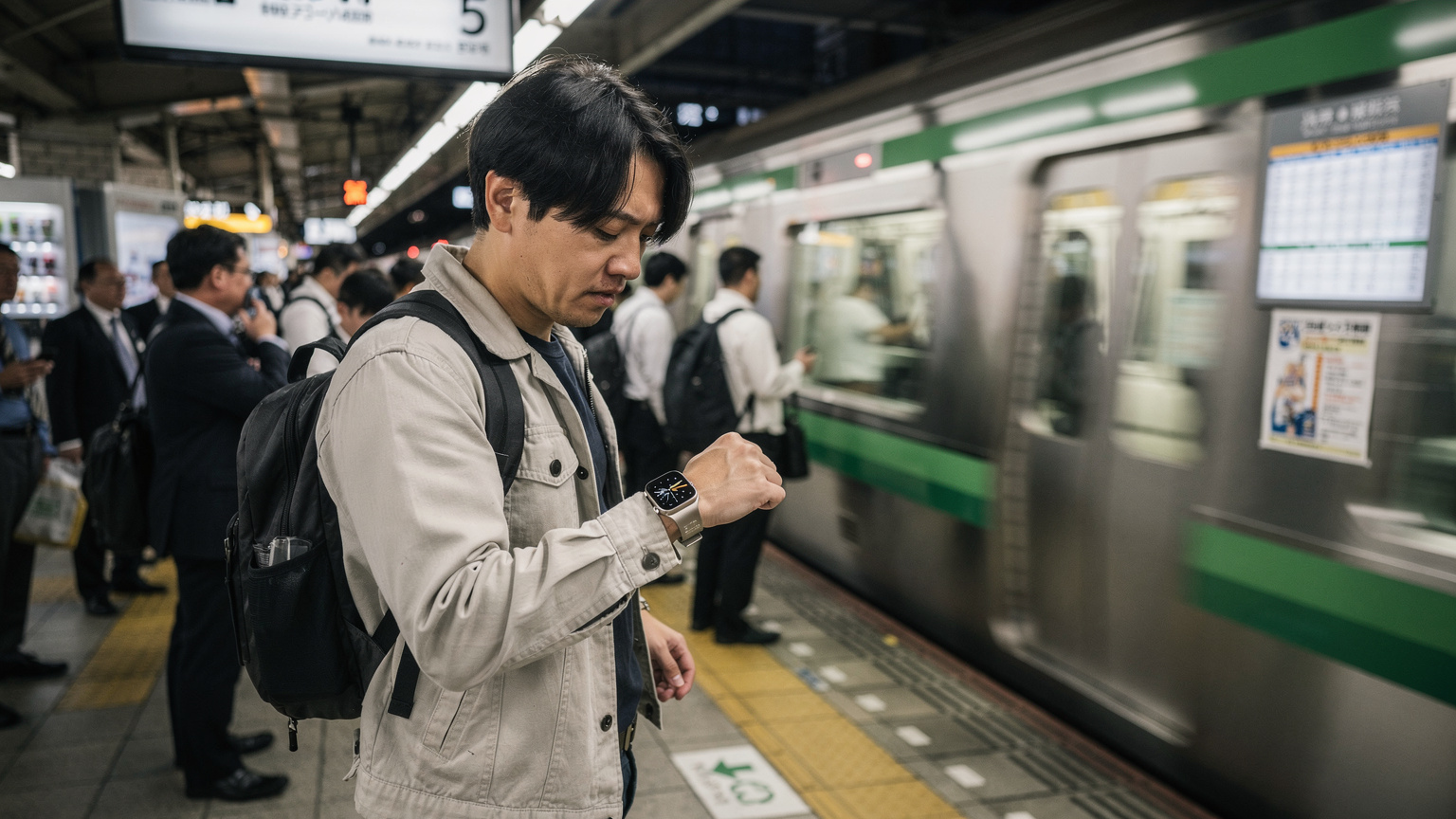Ein Reisender steht an einem Bahnsteig in einer Tokioter U-Bahn-Station und schaut besorgt auf seine Apple Watch Ultra 3, während ein Zug der JR East im Hintergrund vorbeifährt.