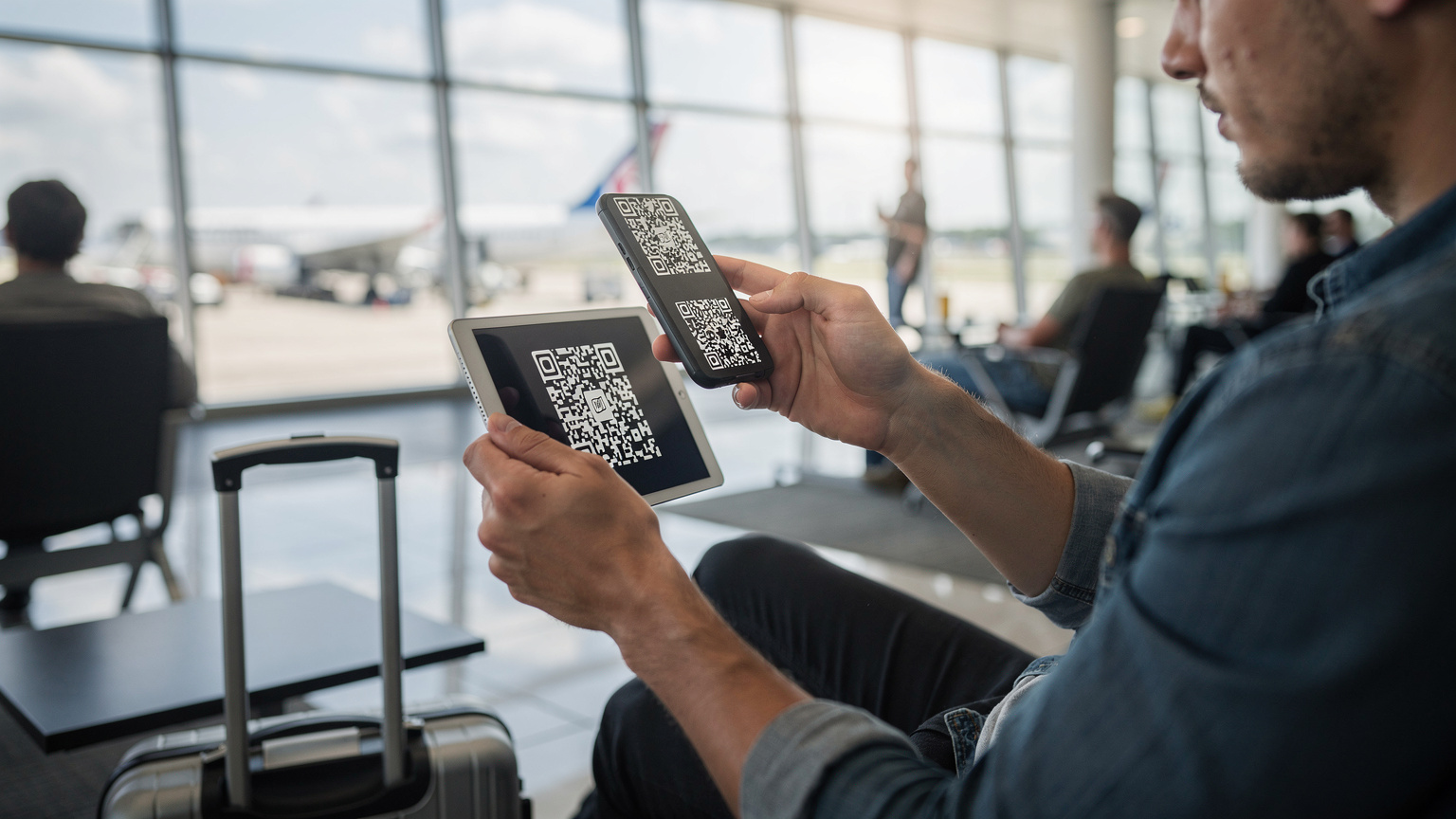 Un viajero activa su eSIM escaneando un código QR en su teléfono mientras espera en la zona de embarque de un aeropuerto, con una maleta de mano a sus pies.