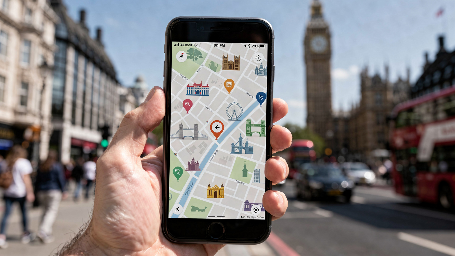 Una persona sostiene un teléfono móvil mostrando un mapa de navegación con puntos de interés en el centro de Londres, con el Big Ben ligeramente desenfocado al fondo.