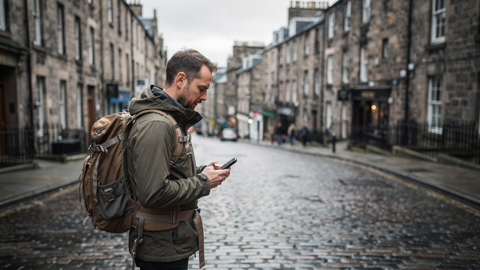 Un viajero con mochila consulta el mapa en su teléfono móvil, mientras camina por una calle empedrada en Edimburgo, con edificios históricos de piedra al fondo.