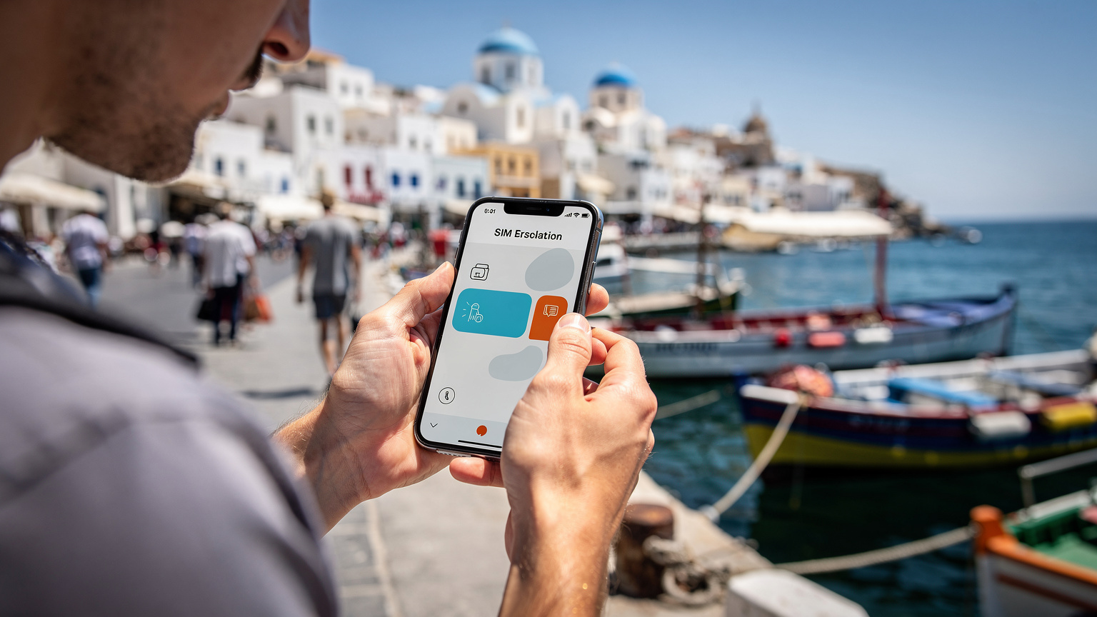 En reisende holder en smarttelefon med et eSIM-installasjonsskjermbilde mens hun venter på en ferge i en gresk havn, med hvitkalkede bygninger i bakgrunnen.