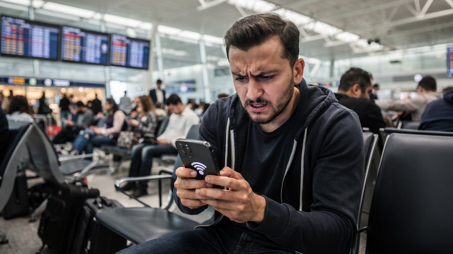 En person prøver å koble seg til et ustabilt Wi-Fi-nettverk på en overfylt flyplass, med et frustrert uttrykk i ansiktet. Telefonen viser en feilmelding om nettverkstilkobling.