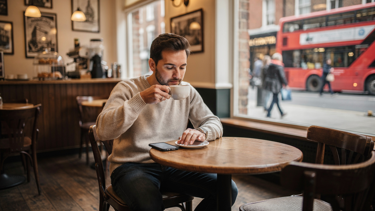 Un uomo seduto in un caffè tradizionale londinese, con una tazza di tè e il suo smartphone, navigando online mentre fuori la strada è vivace con i bus rossi.