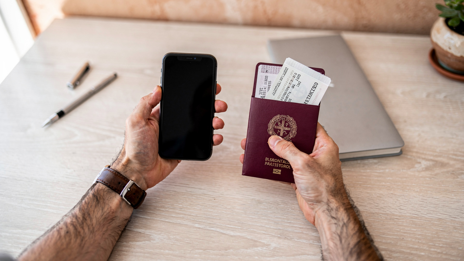 Un viaggiatore italiano con passaporto aperto e biglietto aereo in mano, mentre configura l'eSIM sul suo smartphone in un ambiente domestico ben illuminato.