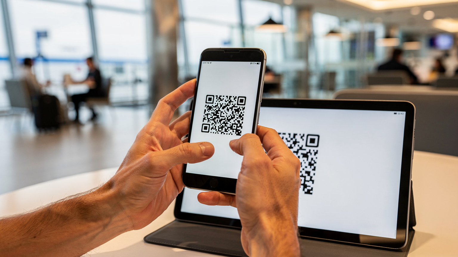 Primo piano di mani che inquadrano un codice QR su uno schermo con uno smartphone Android, mostrando il processo di attivazione dell'eSIM in un aeroporto.