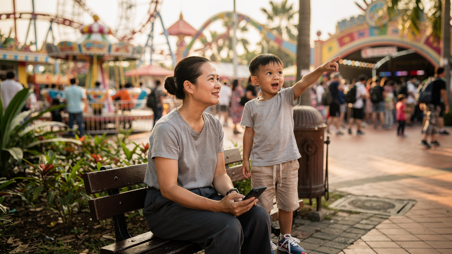 Một phụ nữ Việt Nam đang ngồi trên ghế đá tại một công viên giải trí đông đúc, nhìn xa xăm với vẻ mặt hơi mệt mỏi nhưng vẫn cố gắng nở nụ cười, trong khi đứa con đang hào hứng chỉ tay vào một trò chơi gần đó. Chiếc iPhone 11 của cô đang cầm trên tay.