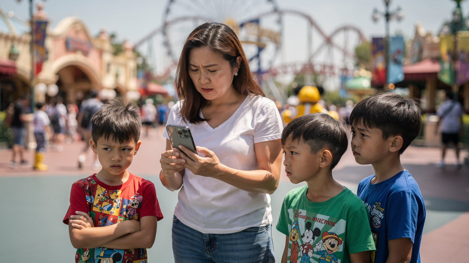 一位媽媽在主題公園裡，手機螢幕顯示網路連線不穩定，孩子們在一旁有些不耐煩。