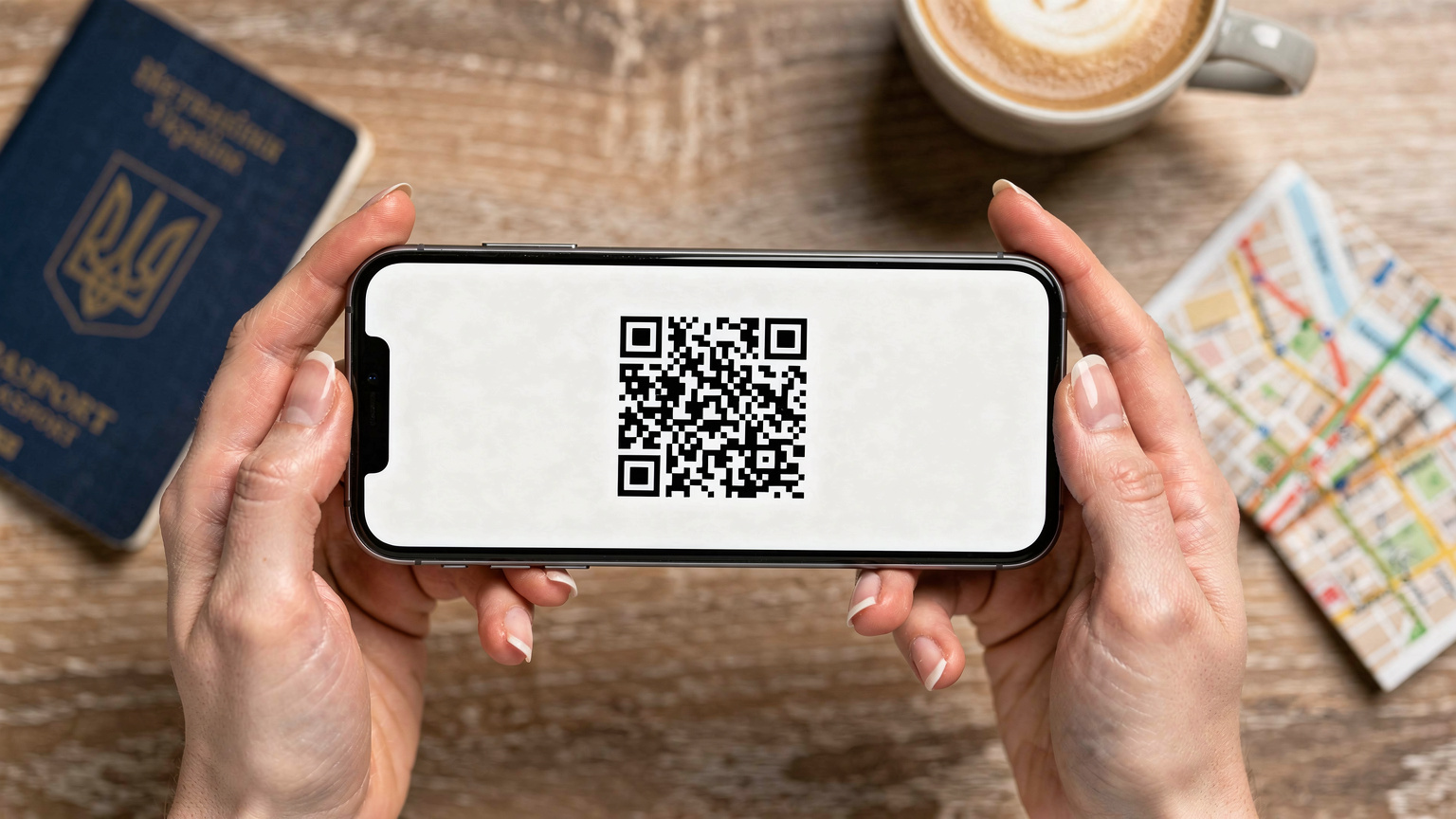 Крупний план рук, що тримають смартфон із відображенням QR-коду для активації eSIM, на тлі розмитого столу з кавою та паспортом.