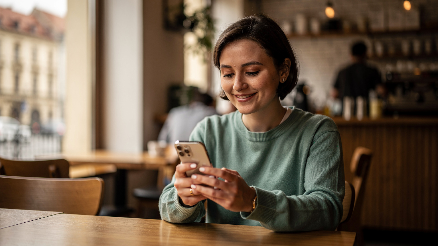 Сучасний мандрівник з легкістю активує eSIM на своєму iPhone, сидячи в затишному кафе в Празі.