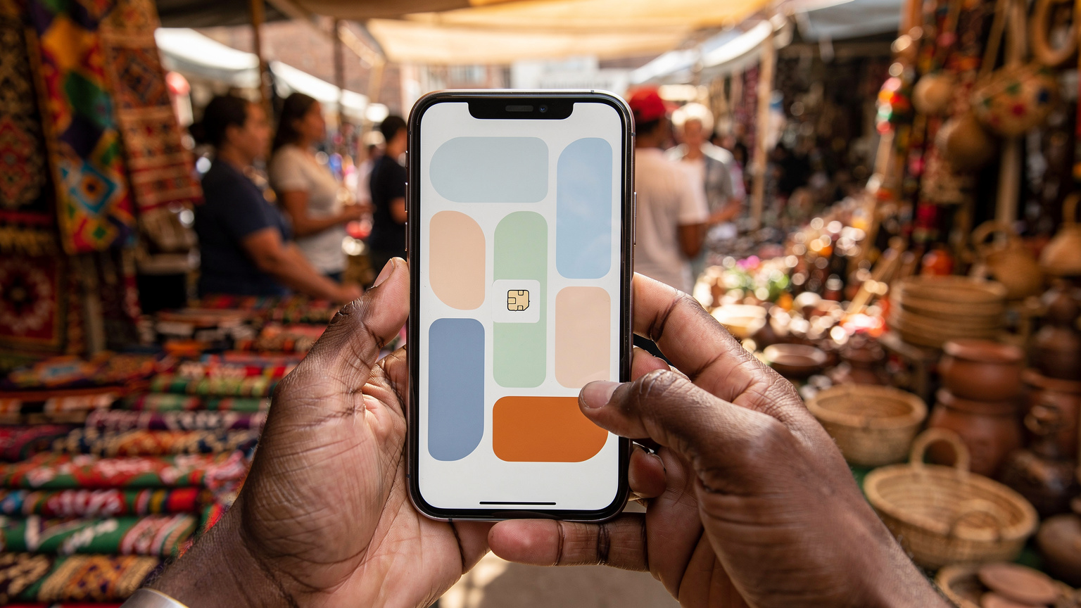 Een persoon houdt een smartphone met een eSIM installatie-interface vast, met op de achtergrond een bruisende lokale markt in Kaapstad, waar kleurrijke stoffen en ambachten worden verkocht.