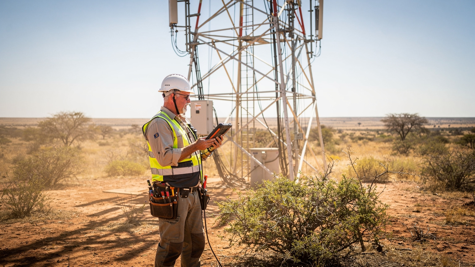 Een mobiele technicus controleert een zendmast in een afgelegen, stoffig landschap van Zuid-Afrika, met wilde struiken op de voorgrond.