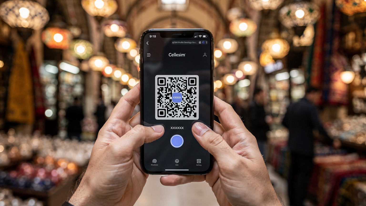 Bir annenin elinde tuttuğu akıllı telefon ekranında Cellesim uygulamasında yüklenmek üzere bekleyen bir eSIM profili, arka planda Kapalıçarşı'nın kalabalık, hareketli atmosferi.