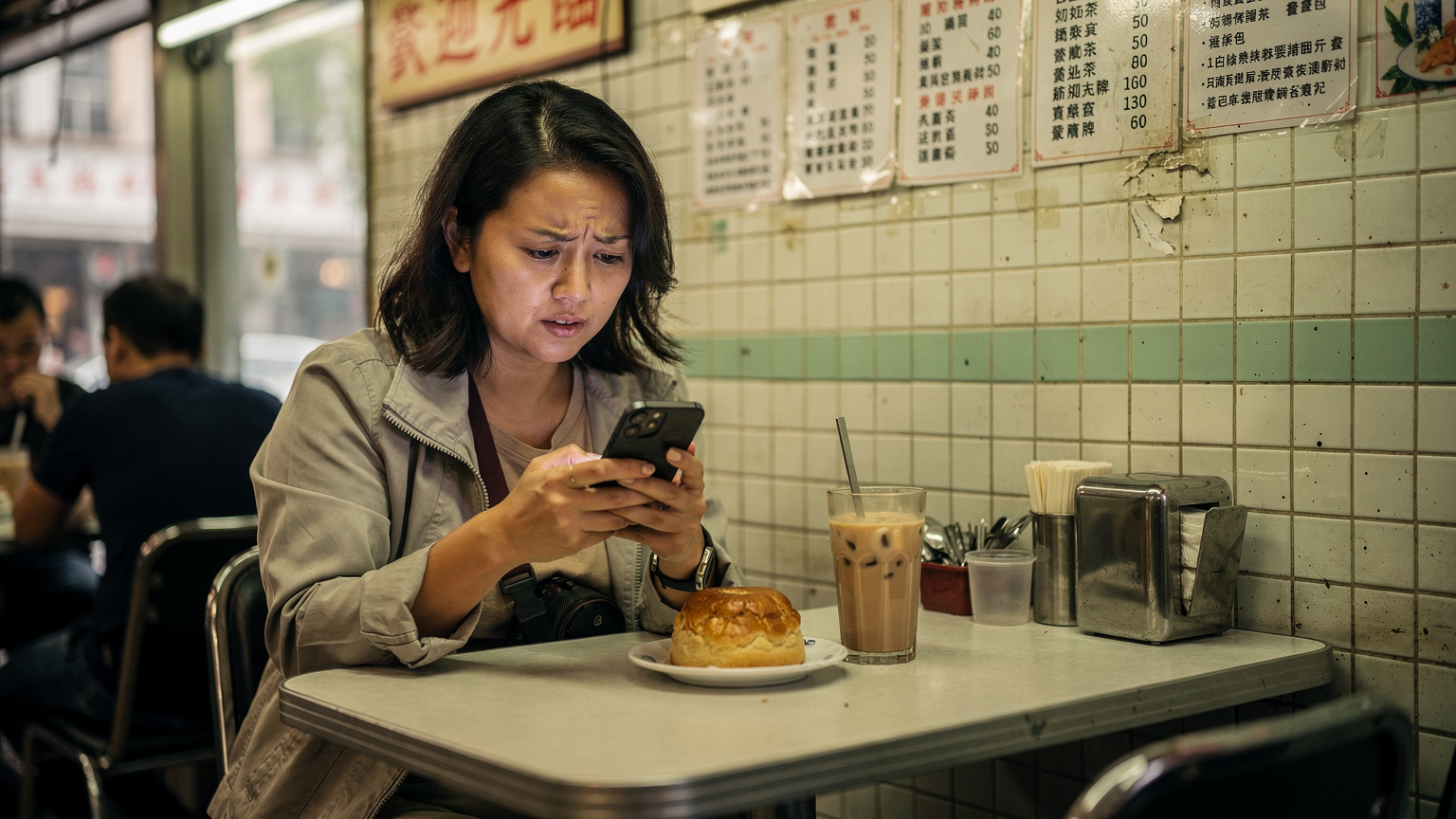 一位旅行者在香港一家茶餐廳裡,皺著眉頭查看她的iPhone 16,屏幕上似乎顯示著網絡連接問題,桌上擺放著港式奶茶和菠蘿包。