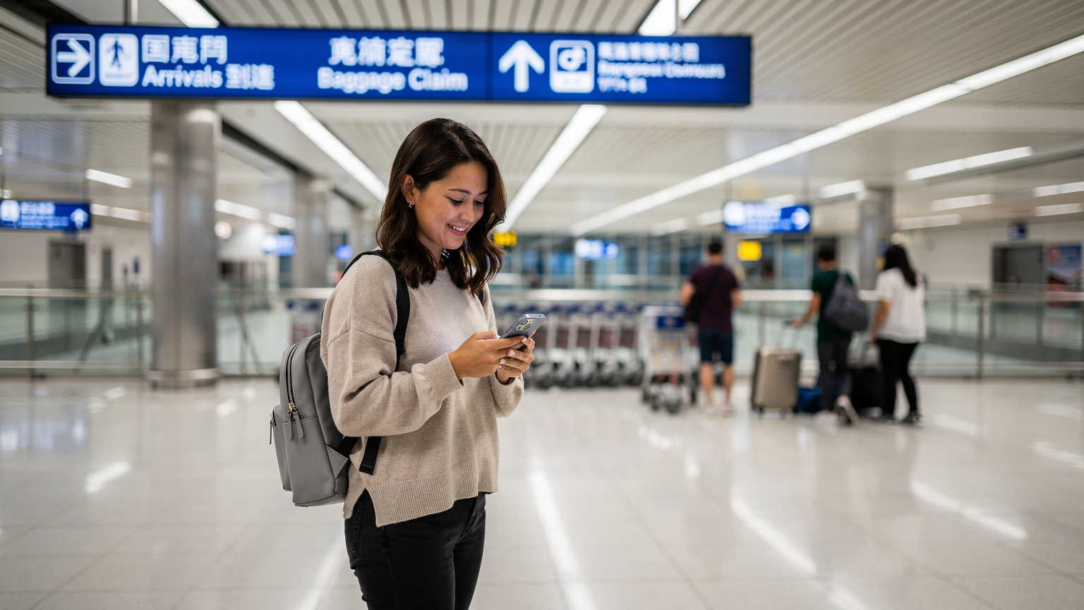 一位旅行者在香港國際機場抵達大廳,手持iPhone 16,臉上帶著輕鬆的笑容,背景是機場指示牌和少量旅客。