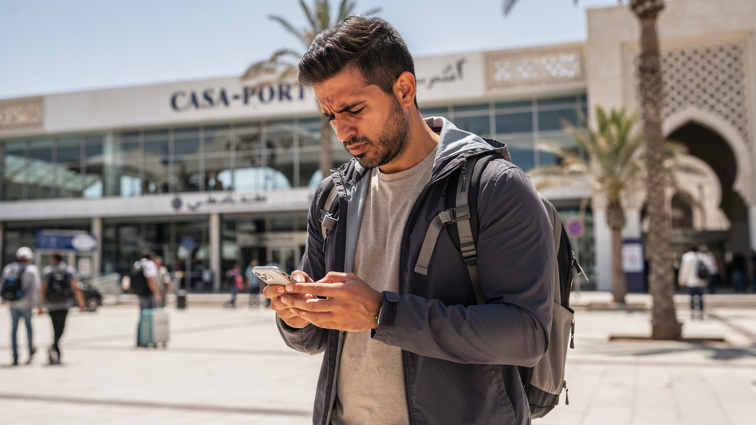 Un voyageur à l'air préoccupé regardant son téléphone devant la gare de Casa-Port à Casablanca, signalant un problème de connexion.