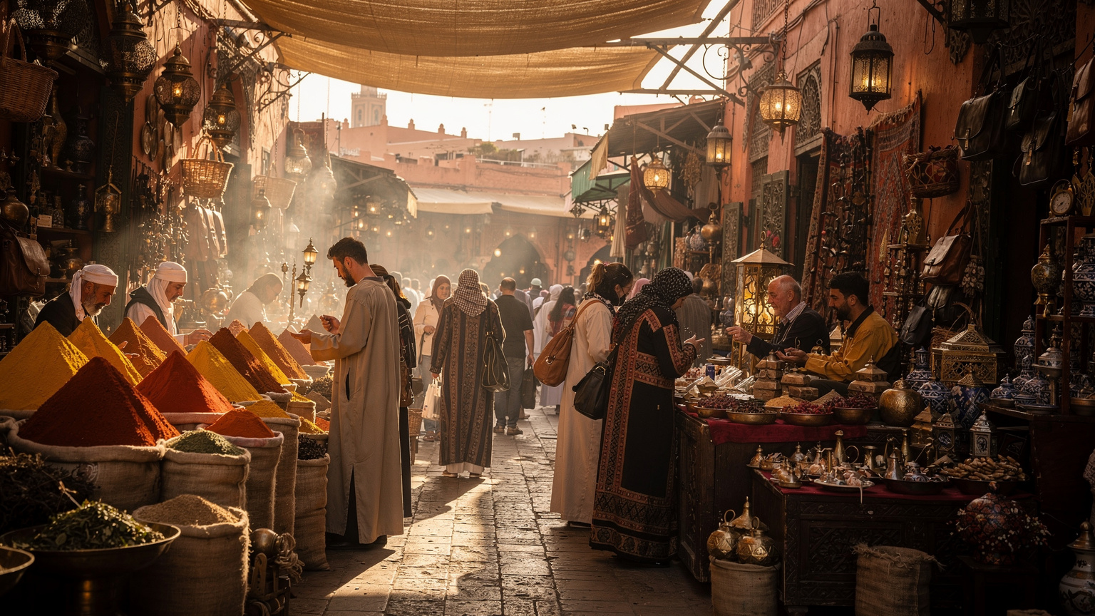 Un marché local animé à Marrakech, avec des épices colorées, des artisans et des touristes, sous une lumière chaude de fin d'après-midi.