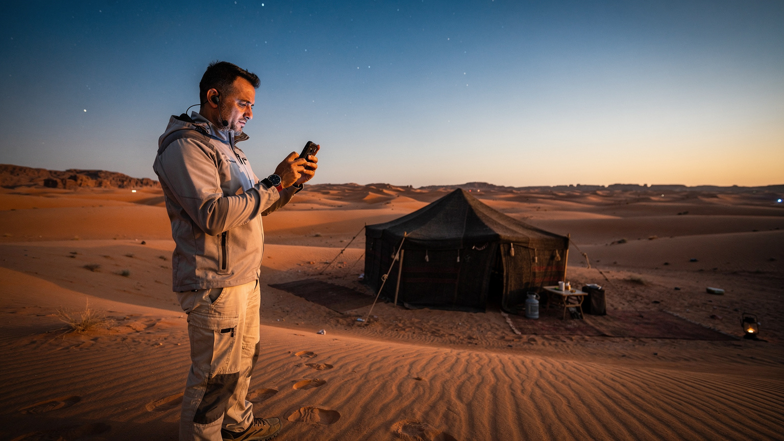 Un ingénieur télécom analysant les signaux réseau sur son smartphone en plein désert marocain, avec une tente berbère en arrière-plan et un ciel étoilé.