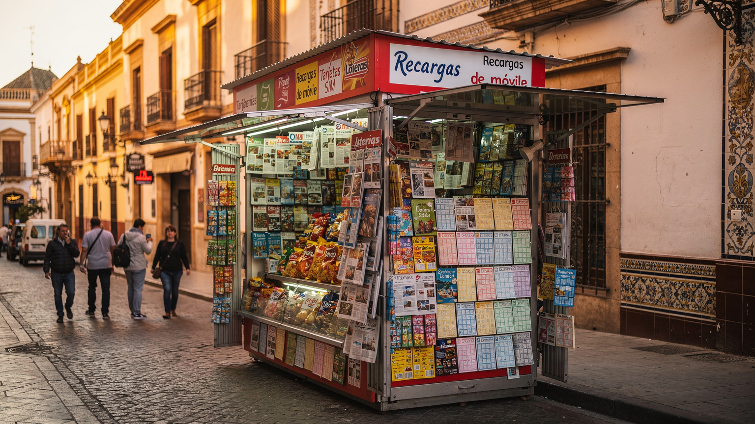 Un pequeño quiosco de prensa y lotería en el centro de Sevilla, con carteles de recargas de móvil y tarjetas SIM, ilustrando las opciones locales de conectividad.