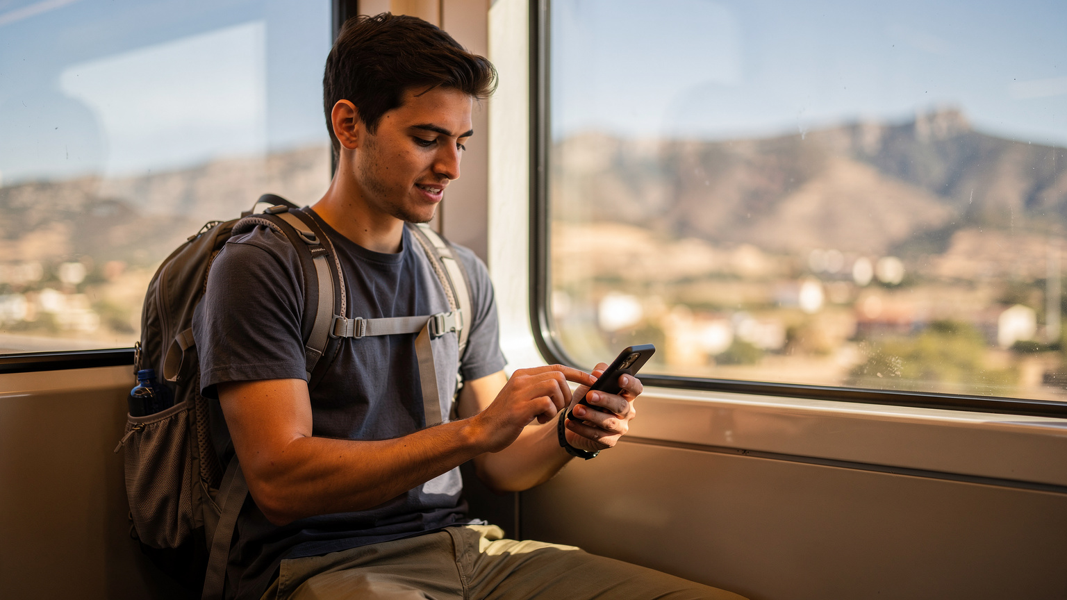 Un viajero con mochila usando su teléfono para activar una eSIM mientras espera en el tren de cercanías hacia el aeropuerto de Málaga, con las montañas andaluzas de fondo.