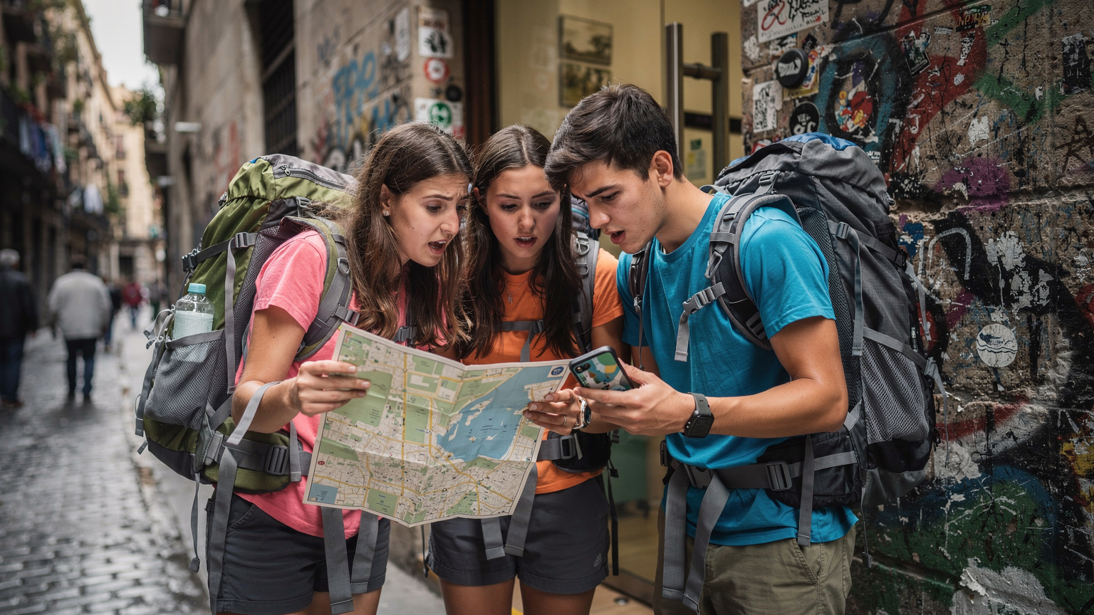 Un grupo de mochileros jóvenes consultando un mapa físico y un teléfono móvil con Google Maps descargado, en la entrada de un hostel en el barrio gótico de Barcelona.