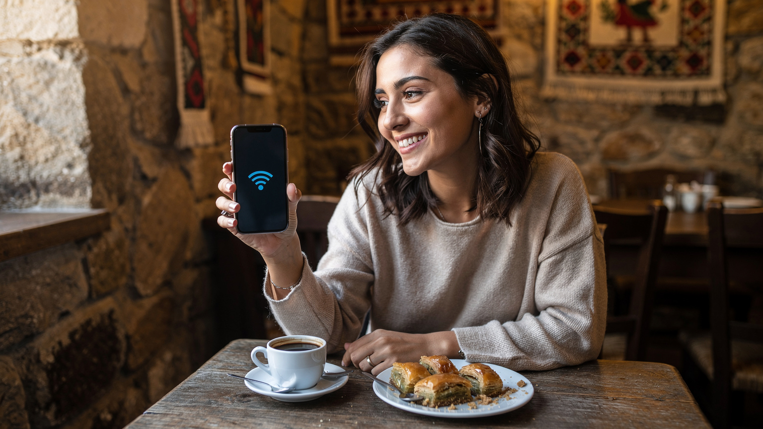 Kobieta z uśmiechem pokazuje ekran swojego telefonu z ikoną aktywnej sieci, siedząc w tradycyjnej restauracji w Szkodrze w Albanii, ciesząc się lokalną kawą.