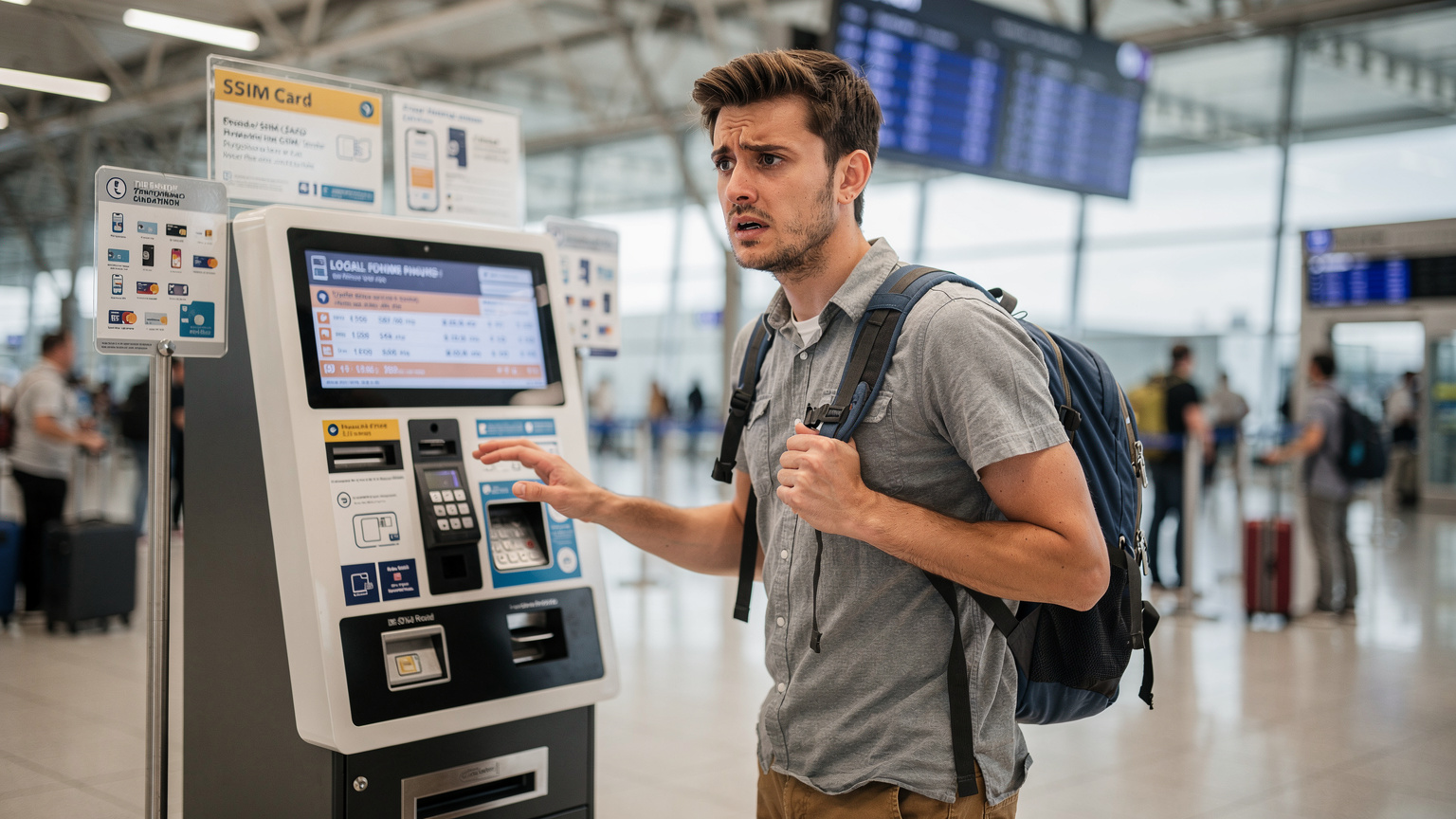A traveler looking confused at a busy airport kiosk trying to buy a local SIM card, with multiple confusing signs and price lists in the background.