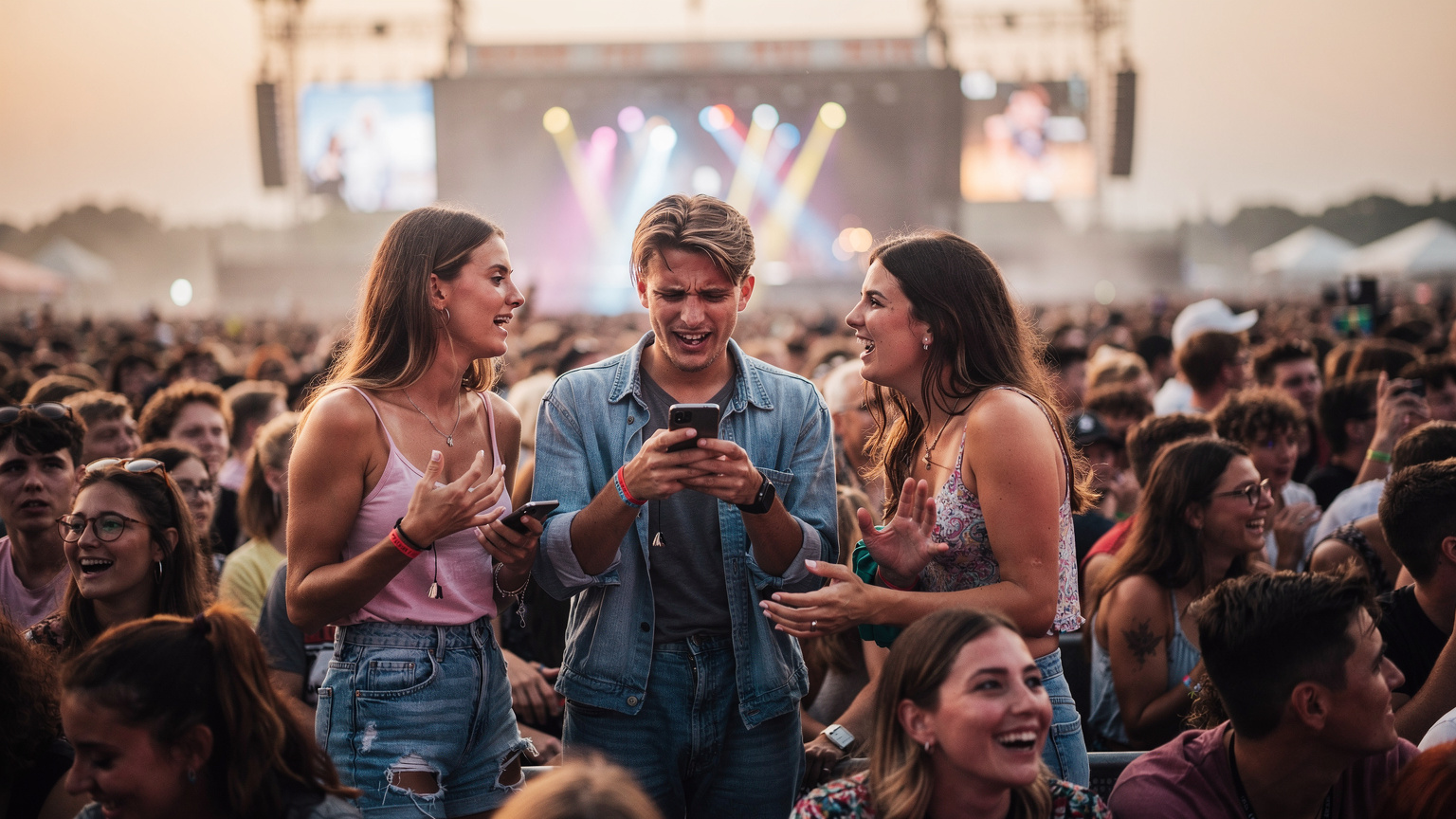 A small group of friends at a crowded outdoor music festival, one person looking at their smartphone with a frustrated expression, struggling to get a signal, while their friends are animatedly talking and laughing.