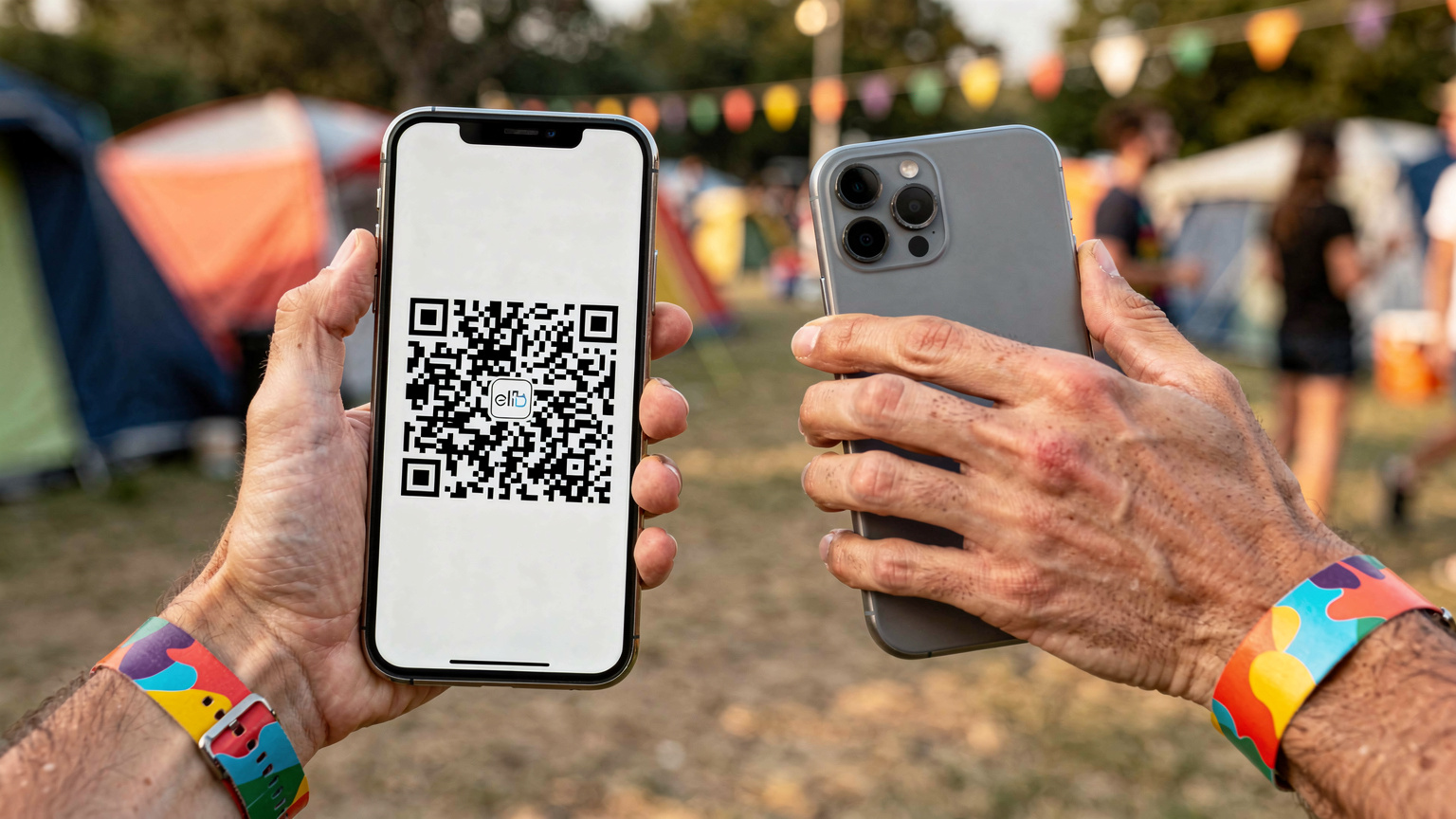 A close-up of human hands, one holding a smartphone displaying a QR code for eSIM activation, and another hand holding a second smartphone scanning the QR code, with festival wristbands clearly visible on both wrists.