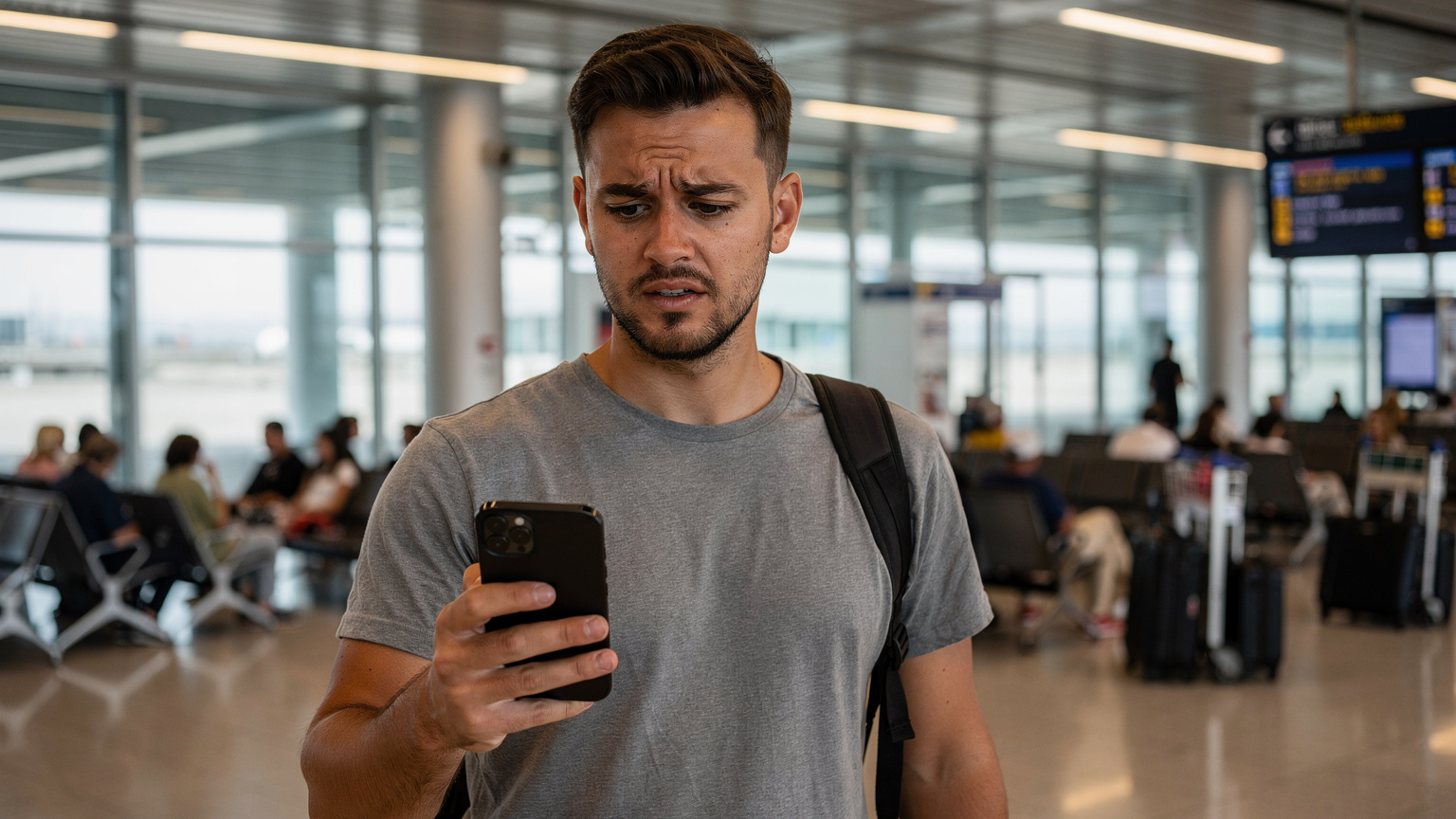 Ένας ταξιδιώτης με ένα iPhone 17 κοιτάζει ανήσυχος την οθόνη του, ενώ περιμένει σε μια πολυσύχναστη πύλη αναχωρήσεων στο αεροδρόμιο Ελευθέριος Βενιζέλος της Αθήνας.