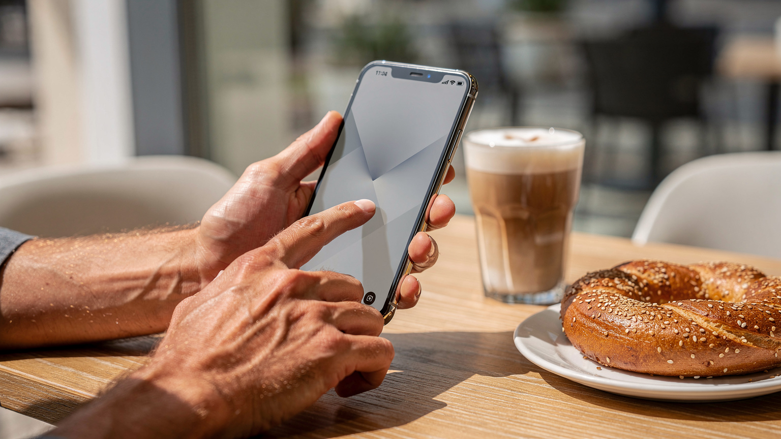 Χέρια κρατούν ένα iPhone 17, δείχνοντας την οθόνη με τις ρυθμίσεις της eSIM, σε ένα cafe στην Γλυφάδα, με ένα Freddo Espresso στο τραπέζι.