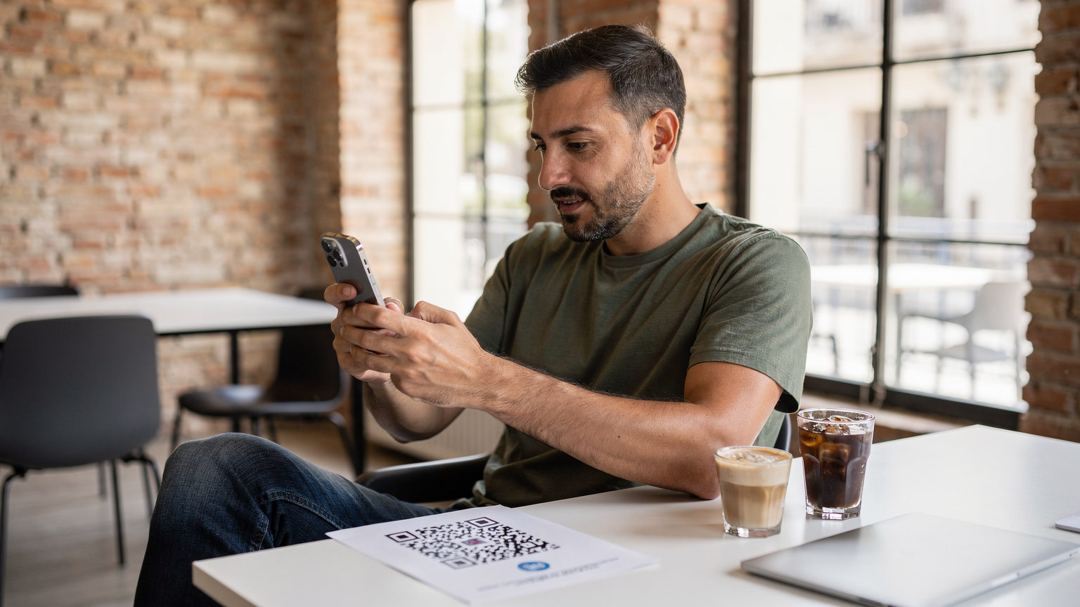 Ένας άντρας με το iPhone 17 του σκανάρει έναν κωδικό QR για να ενεργοποιήσει μια eSIM, σε ένα φωτεινό co-working space στην Αθήνα.