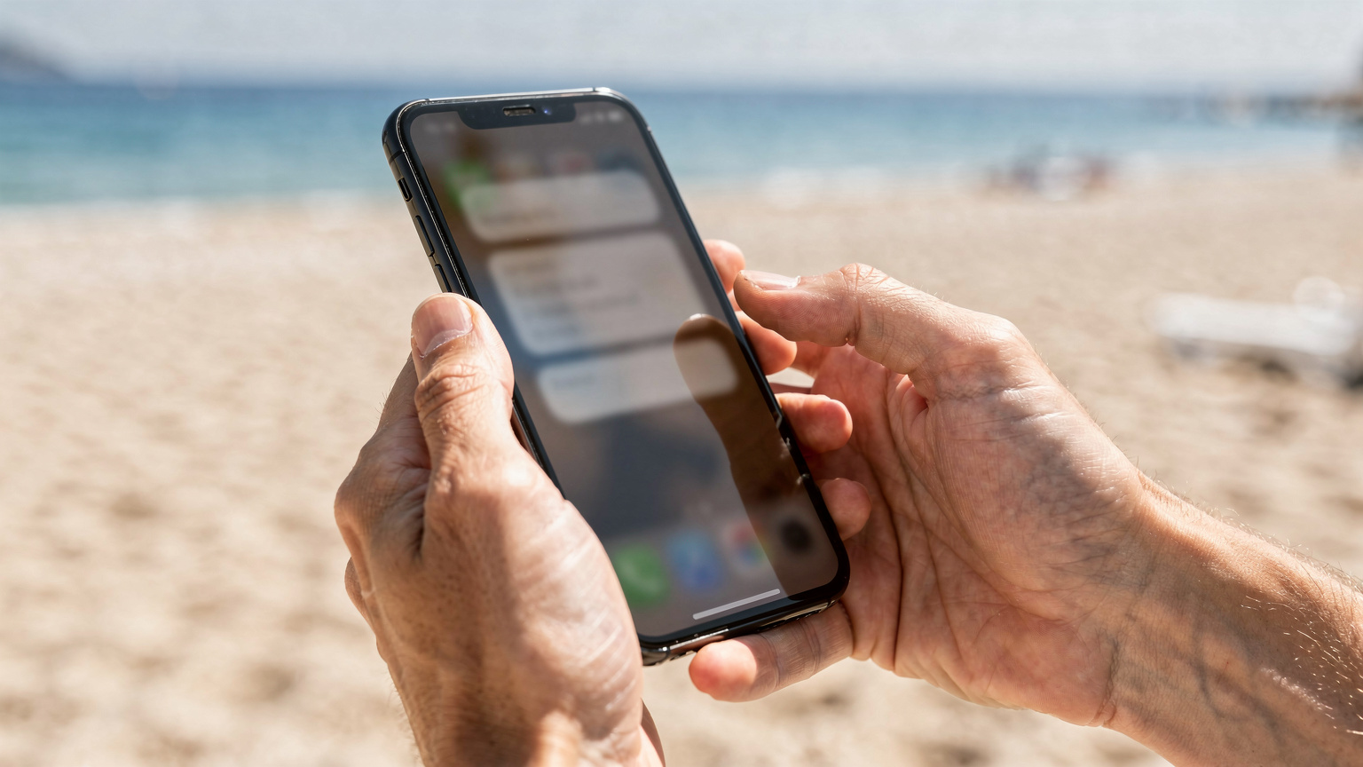 Detailní záběr rukou držících moderní chytrý telefon, na jehož obrazovce je vidět rozhraní nastavení mobilní sítě s možností volby eSIM profilu, s rozmazaným pozadím písečné pláže a modrého moře.