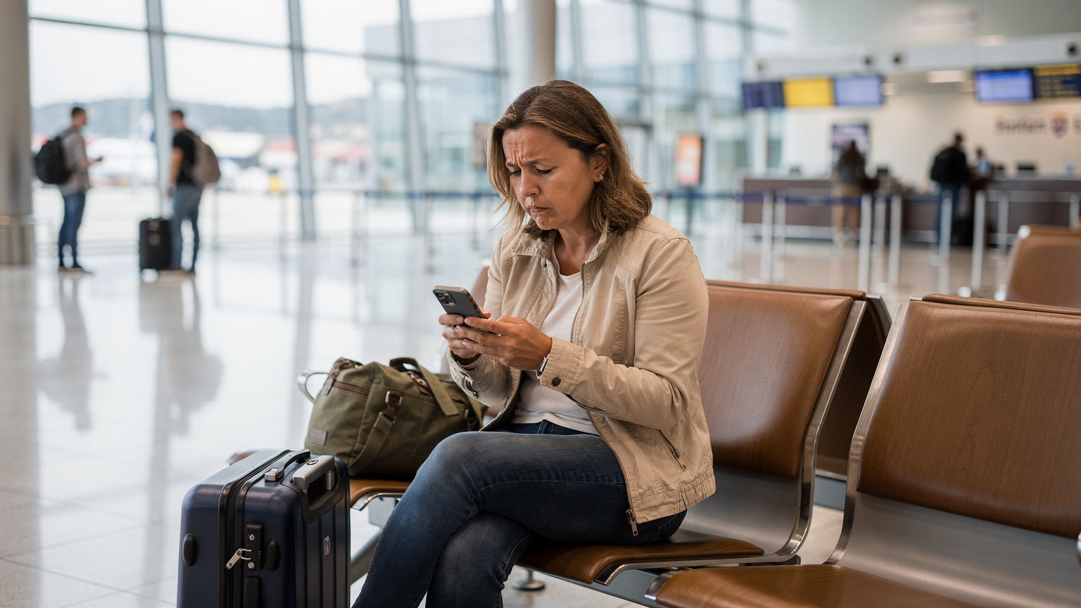 Zmatená cestovatelka ve středním věku drží telefon a dívá se na obrazovku s výrazem starosti, sedící na lavičce uvnitř moderní, ale rušné odbavovací haly letiště v Zadaru v Chorvatsku.