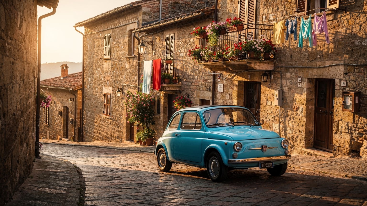 Ένα vintage Fiat 500 οδηγεί σε έναν στενό, πλακόστρωτο δρόμο ενός μικρού χωριού της Τοσκάνης, με παλιά πέτρινα κτίρια και λουλούδια στα μπαλκόνια, αποτυπώνοντας την ατμόσφαιρα ενός κλασικού ιταλικού road trip.