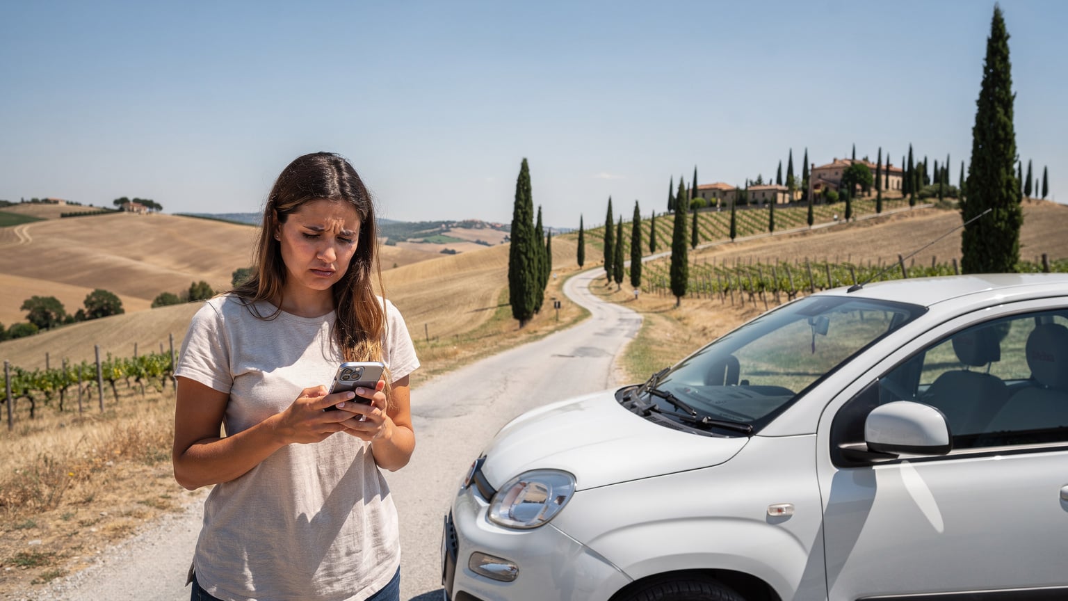 Μια γυναίκα τουρίστρια κοιτάζει ανήσυχα το smartphone της ενώ στέκεται δίπλα σε ένα αυτοκίνητο σε έναν απομακρυσμένο, γραφικό δρόμο στην Τοσκάνη, με αμπελώνες και κυπαρίσσια στο βάθος, υποδηλώνοντας πρόβλημα σύνδεσης.