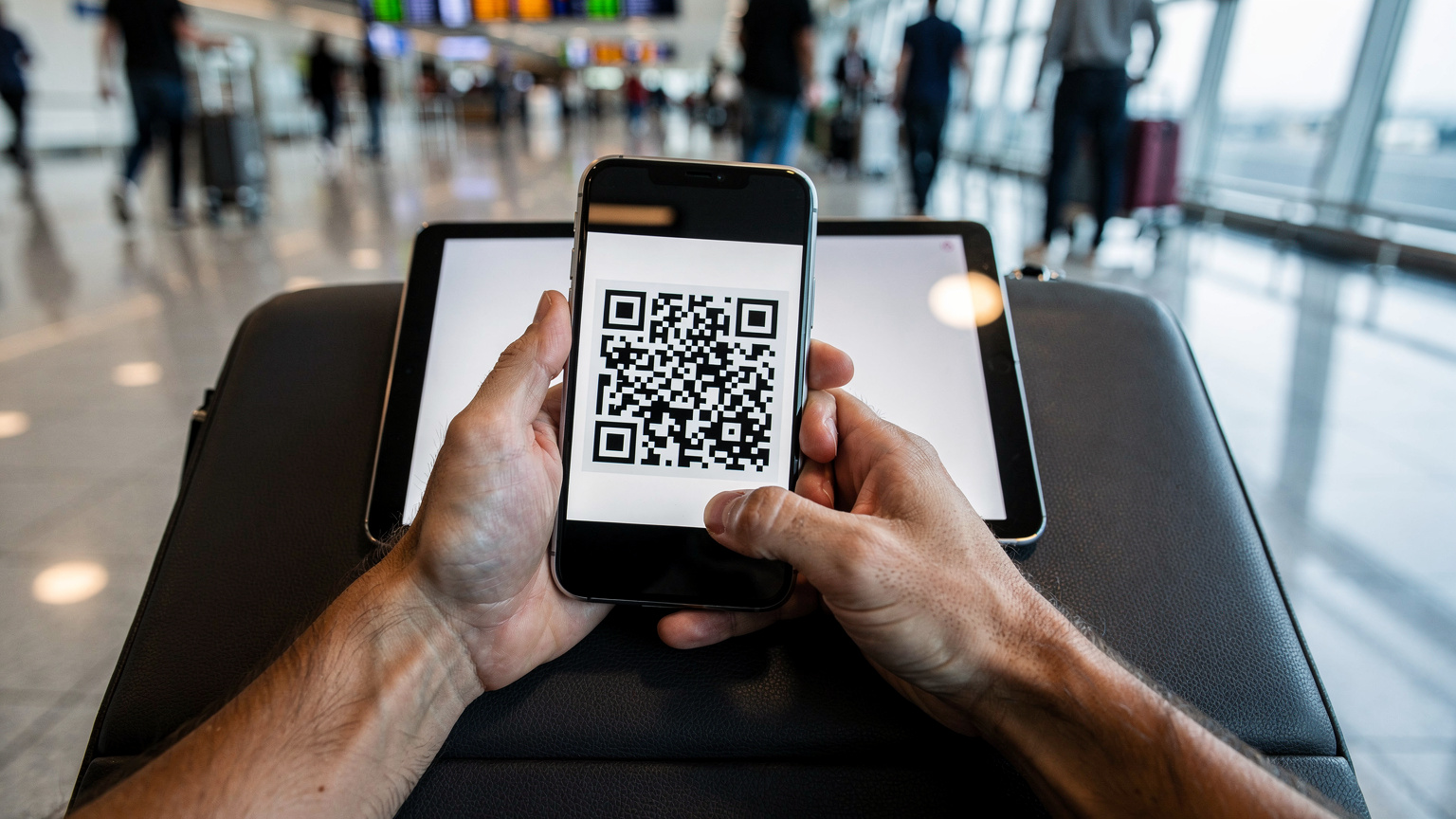 Un viajero con sus manos sosteniendo un smartphone, escaneando un código QR desde otro dispositivo. La escena es un ambiente de aeropuerto con personas moviéndose en segundo plano, indicando el momento de la activación de la eSIM justo al llegar a destino.