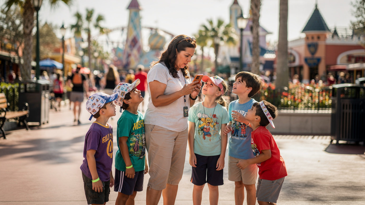 Una madre con un grupo de niños en un parque temático en Orlando, Florida, revisa su teléfono con una expresión de ligera preocupación, indicando la búsqueda de señal o una ubicación, mientras los niños esperan impacientes.