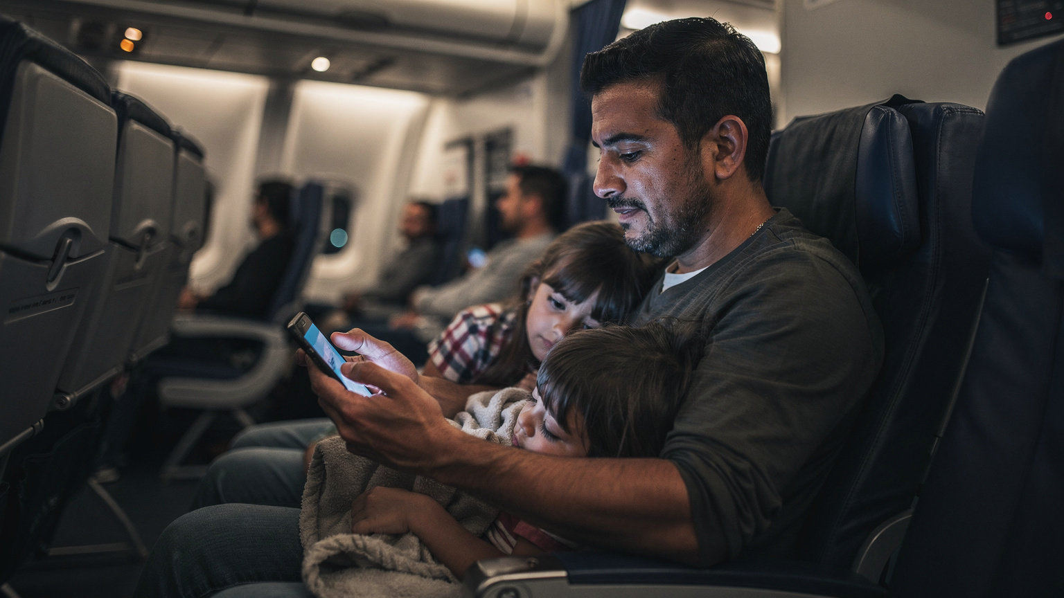 Un padre cansado pero satisfecho, con su teléfono en la mano, mientras sus dos hijos pequeños duermen agotados en un vuelo transatlántico hacia Estados Unidos. El teléfono muestra una señal de red, indicando una conexión activa.