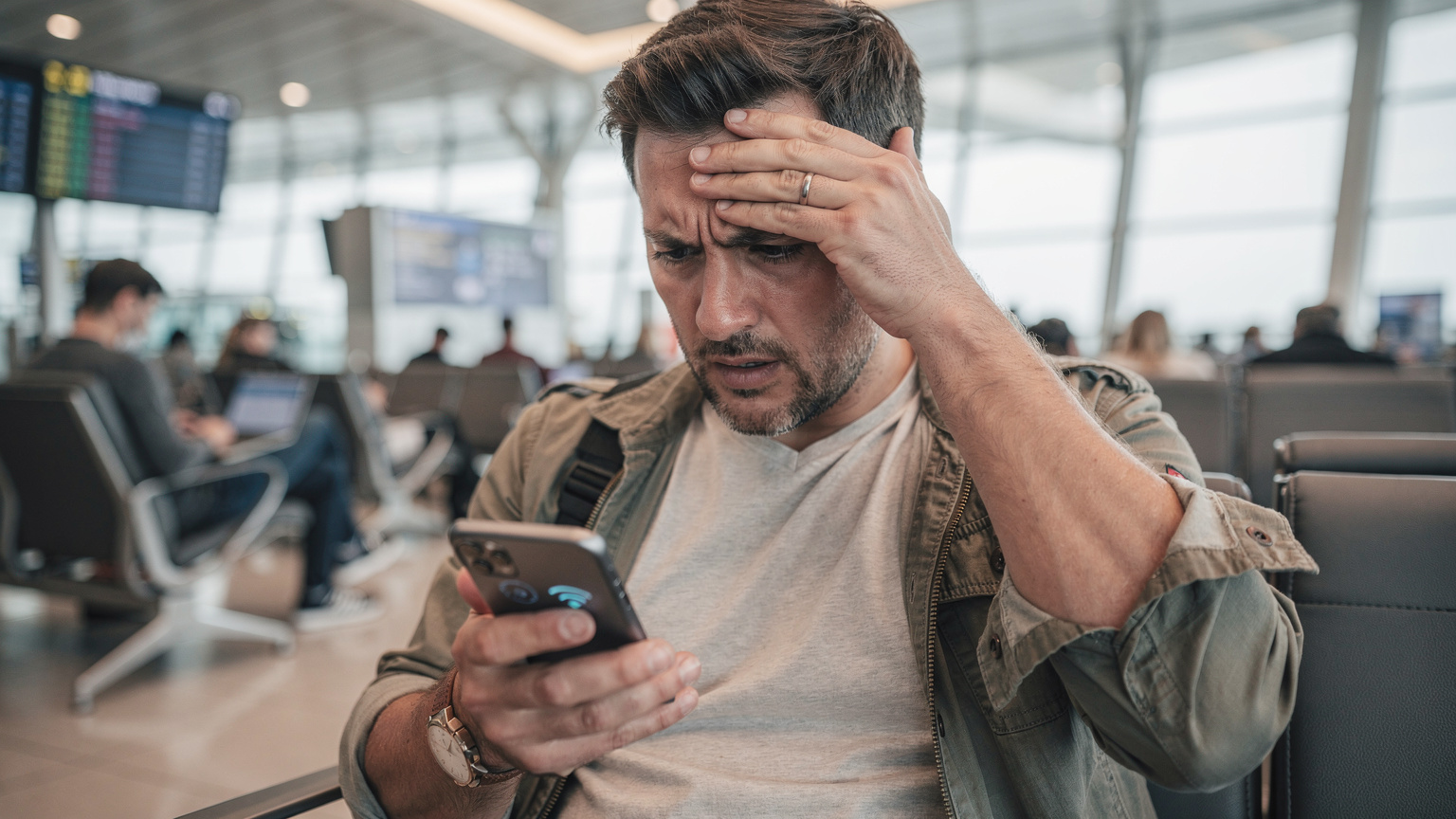 Un viajero frustrado intenta conectarse a una red Wi-Fi pública inestable en el aeropuerto de Estambul, mientras que su teléfono muestra un mensaje de 'Sin Servicio'.