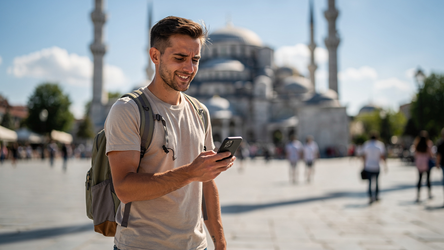 Un hombre joven, vestido con ropa casual de viaje, sostiene su teléfono móvil con una expresión de alivio mientras el dispositivo muestra varias barras de señal 4G/5G en la plaza Sultanahmet de Estambul, con la Mezquita Azul de fondo.