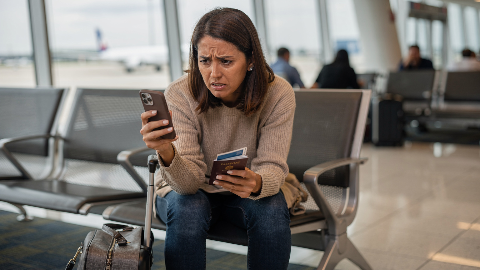 Žena sedící v letištní hale v Dallasu, s pohledem plným starostí, kontroluje svůj telefon, zatímco kolem ní prochází lidé s kufry.