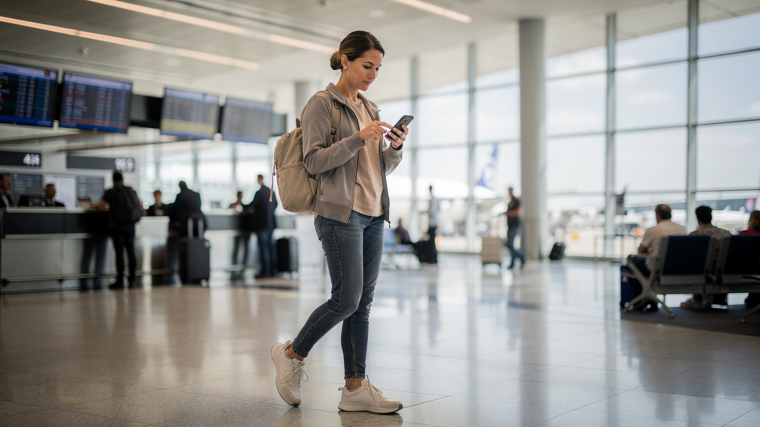 Cestovatelka s batohem a telefonem v ruce prochází letištním terminálem, sledující fotbalové výsledky na obrazovce telefonu, s viditelnými logo aerolinek v pozadí.