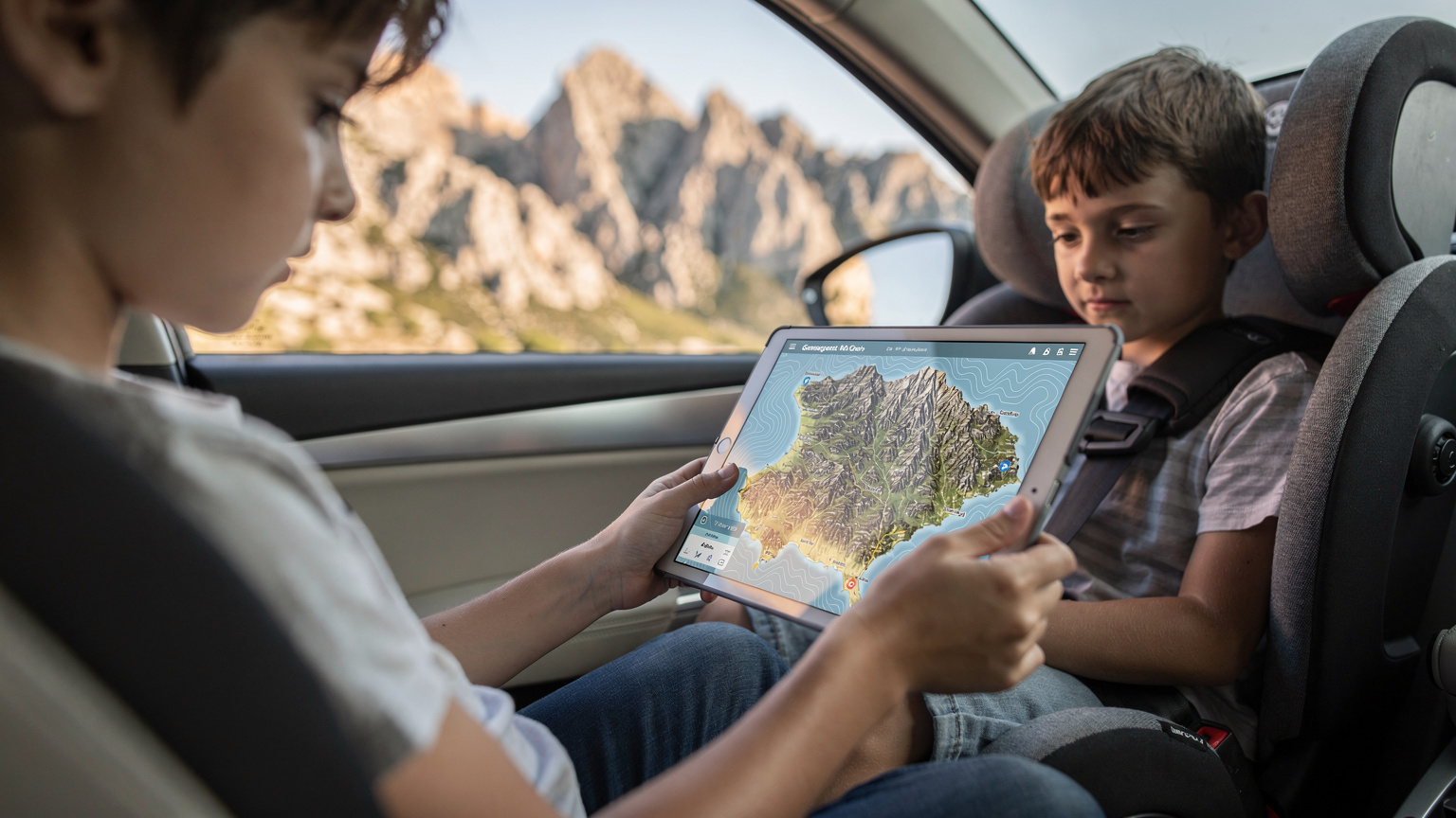 Ein Kind hält ein Tablet mit einer Offline-Karte von Sardinien in den Händen, während es im Auto durch eine malerische Berglandschaft fährt, im Hintergrund sind die Gipfel des Gennargentu-Gebirges zu sehen.