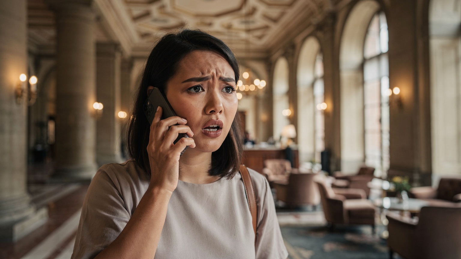 Seorang wanita sedang bercakap di telefon bimbitnya dengan riak risau, di lobi hotel yang elegan, mungkin sedang menyelesaikan masalah sambungan internet.