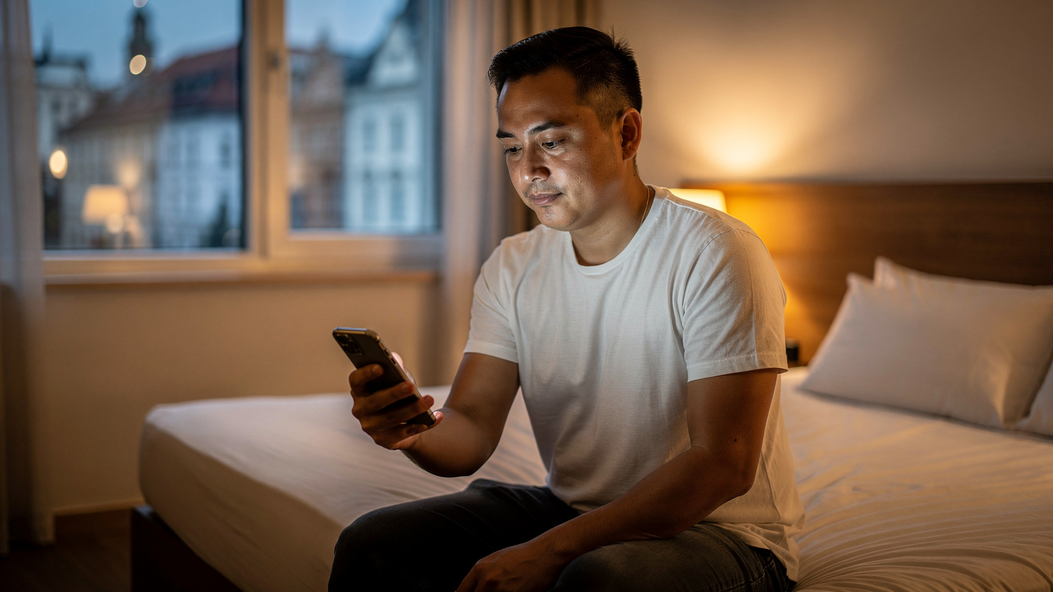 Seorang bapa melihat skrin telefonnya, menunjukkan ciri kawalan ibu bapa yang diaktifkan untuk peranti anak-anaknya, di bilik hotel yang kemas.